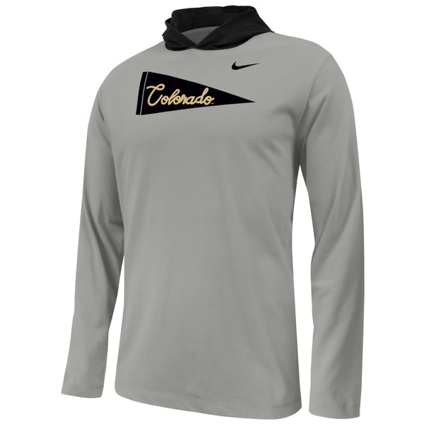 This is a gray long sleeve t-shirt with a black hood. The front has Colorado written in cursive on a black flag and a Nike swoosh on the left chest.